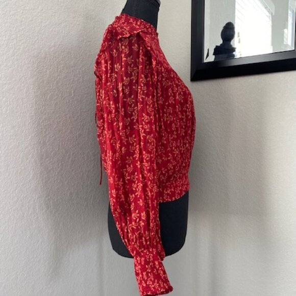 FREE PEOPLE Red Berry Roma Boho Floral Smocked Long Sleeve Blouse XS - Picture 7 of 16